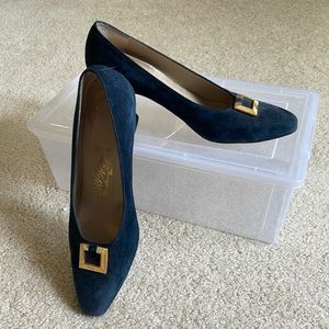 Ferragamo Navy Blue Suede Heels Size 7.5